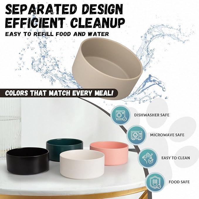 Raised Ceramic Dog Bowl, 6.1'' Modern Feeding Bowl with Non-Slip Stainless Steel Stand, Elevated Food or Water Dish for Small to Medium Dogs, 2 Cups (28.75 fl oz) - White