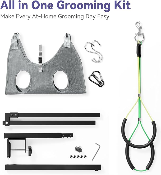 niffgaff Adjustable Dog Grooming Arm with Clamp, 26″–40″ Height, M Hammock with Back Buckle, No-Sit Grooming Restraint for Small & Medium Dogs
