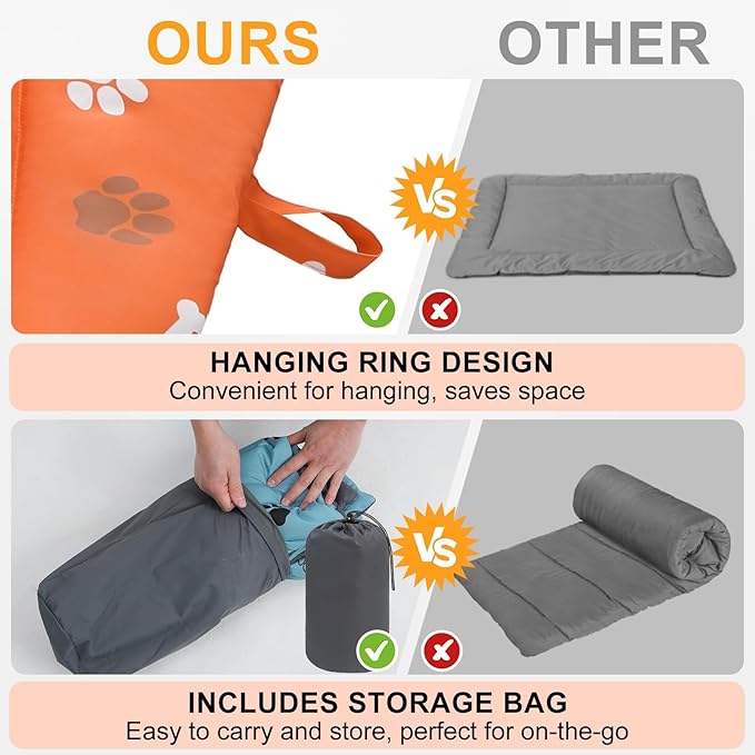 BEAUTYZOO Outdoor Dog Bed Waterproof, Camping Dog Bed Reversible, Portable Travel Bed with Carry Bag- Machine Washable, Durable, Foldable Outdoor Pet Bed Mat for Medium Large Dogs, 26" x 43" Orange