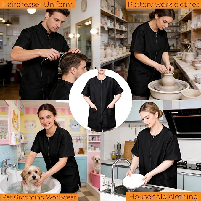 Pumtus Waterproof Pet Grooming Workwear, Short Sleeves Dog Groomer Smock, Anti Static Baber Uniform with Full Zipper & Pocket