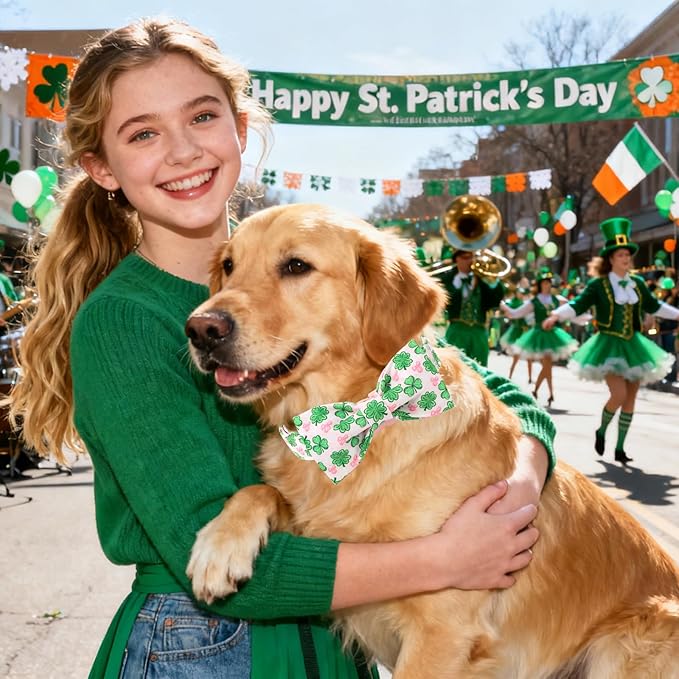 DOGWONG St. Patrick's Day Shamrock Dog Collar with Bow,Pink Green Four Leaf Clover Pattern Dog Collar, Adjustable Durable Soft Collars Irish Gift for Male Female Dogs,M