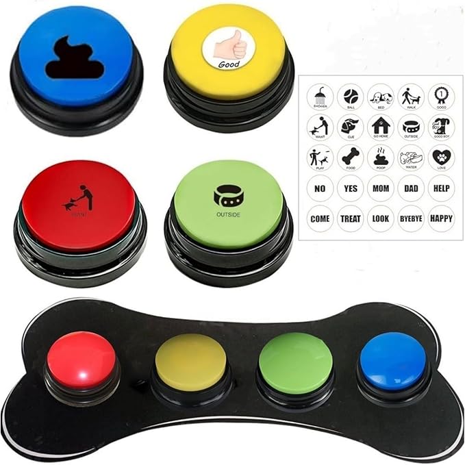 Dog Buttons for Communication, Set of 4 Color Dog Talking Button, 30s Voice Recordable Pet Training Tool, Speaking Buttons for Cats & Dogs with Scene Stickers and Rubber Mat (Red_B)