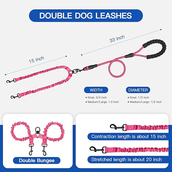 MingXpets Double Dog Leash, Dual Dog Leash, 360° Swivel Tangle Free Bungee Walking Training for Large Medium Dogs, Shock Absorbing Bungee Reflective for Two Dogs, 18~120 lbs, Pink