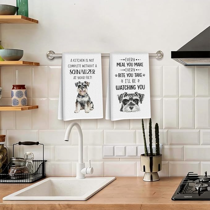 2Pcs Schnauzer Kitchen Towels 24x14 Inch, Schnauzer Gifts for Woman Mom, Reusable Waffle Weave Microfiber Absorbent Hand Tea Dish Towels for Kitchen Bathroom Decor, Dog Lovers Gifts for Women Friend