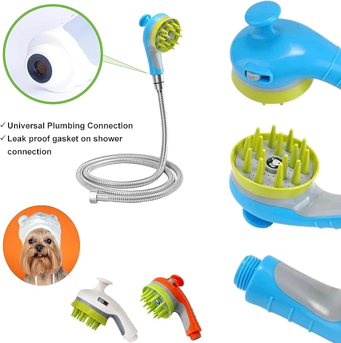 Dog Shower Head Brush Splash Shield Indoor Outdoor Pet Wash Bath Grooming Accessories Water Pressure Control Rubber Scrubbing (1, Blue)