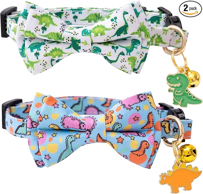 Faygarsle 2 Pack Cat Collar with Bell Breakaway Bowtie for Male Female Cats Soft Fancy Blue Green Dinosaurs Pattern Spring Summer Cat Collar for Boy Girl Cats