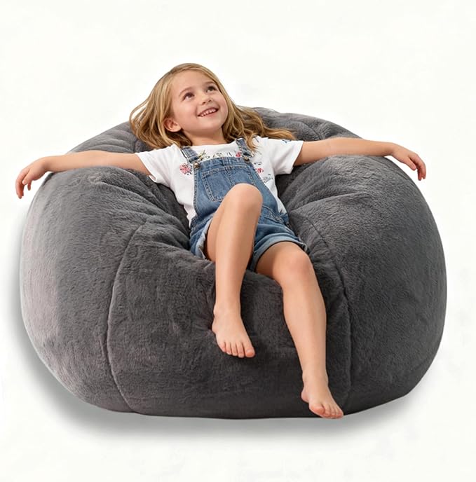 LPMOERA Fluffy Faux Fur Bean Bag Cover (No Filler) Stuffed Animal Bean Bag Storage Comfy Bean Bag Covers for Kids Dark Gray