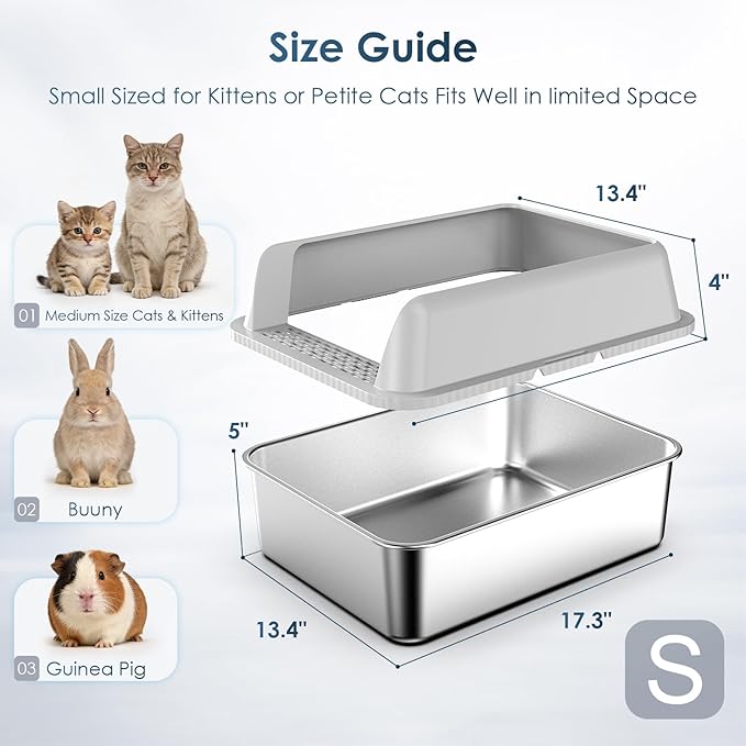 Suzzipaws 2 Pack 17.3" x13.4"x9" Stainless Steel Litter Box, Kitten Litter Box for Kittens & Small Pets, Semi-Enclosed Metal Cat Litter Box for Leak Proof, Easy-Clean Non-Stick, Odor Control