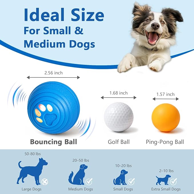 Interactive Dog Ball, Automatic Dog Toy, Vibrating Dog Ball with 4 Play Modes, Moving & Bouncing Ball for Dogs, Smart Self Rolling Dog Toy for Small Medium Dogs, USB-C Rechargeable, Blue