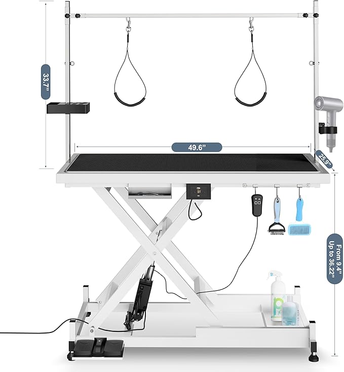 SoarFlash 49.6” Electric Lift Pet Dog Grooming Table,Heavy Duty Electric Grooming Table for Dogs&Cats,Heavy Duty Height Adjustable with Overhead Arm, Clamps, Two Grooming Noose