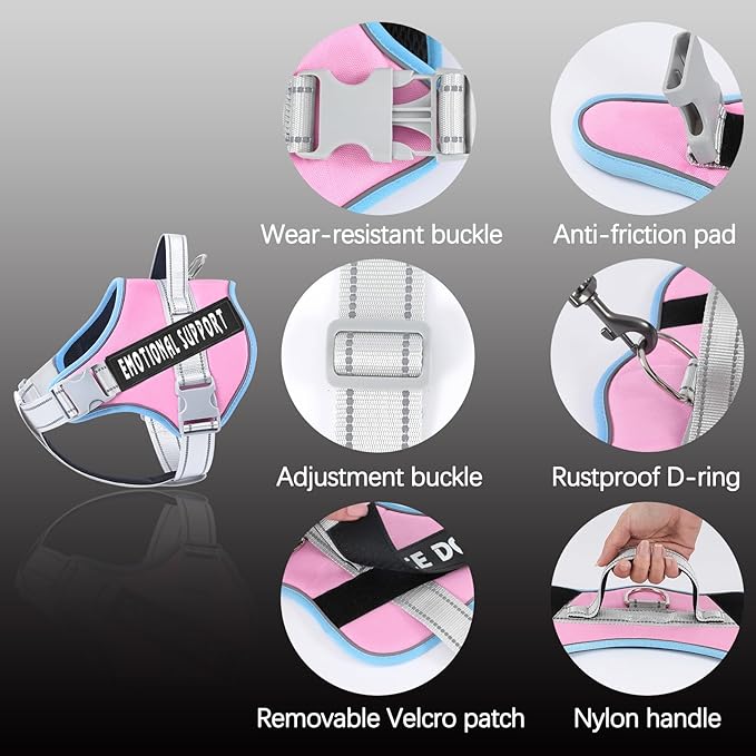 VOOPET Emotional Support Dog Harness, Professional Service Dog Vest for Large Dogs, Reflective, Breathable, Adjustable, No Pull/Choke, Pink