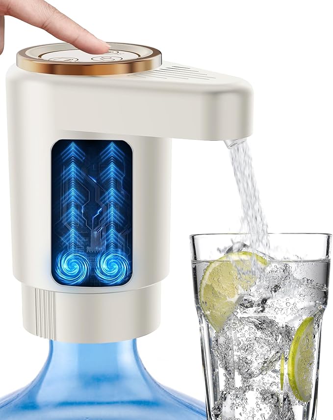 Water Jug Pump for 5 Gallon Bottle – Portable Electric USB-C Charging Dispenser, Dual Powerful Motors, Fast Flow, Fits 2-5 Gallon Jugs – Ideal for Home, Office, Camping, RV, Beige