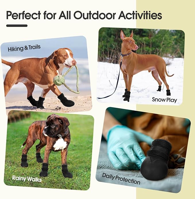 Dog Rain Boots Waterproof, 4PCS Dogs Shoes Non Slip Dog Boots & Paw Protectors, Easy On Rubber Doggie Booties Pet Shoes for Hot Pavement Snow Rain, Dog Rainboots for Small Medium Large Dogs, Black L