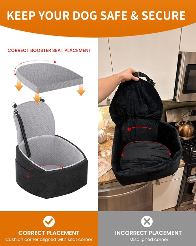 NUPIDA Dog Car Seat for Small Dogs, Dog Booster Seat with Extendable Backrest, Pet Car Seats up to 30 lbs, Washable Removable Cover Travel Bed with Storage Pockets and 2 Safety Leashes, Black&Grey
