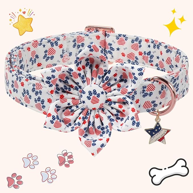 4th of July American Flag Dog Collar, DOGWONG Red Blue Flower Dog Collar with Metal Adjustable Buckle,Soft and Comfortable Independence Day Dog Collars for Large Dogs,L