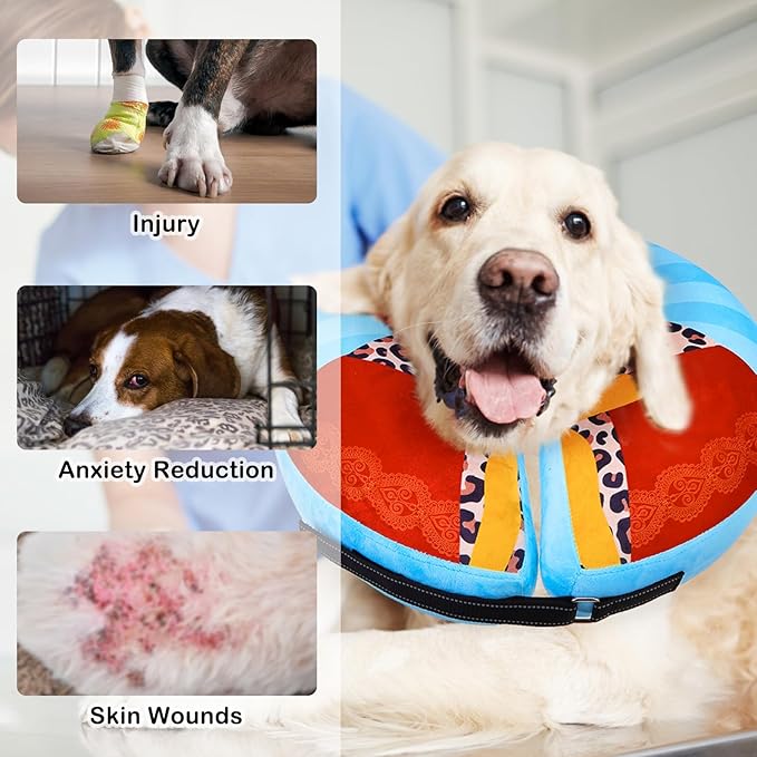 SCENEREAL Dog Cone Alternative After Surgery Donut Collar, Soft Pet Recovery Pillow Collar for Medium Large Dogs, Inflatable Adjustable Neck Collars to Prevent Licking, King Print E-Collars M