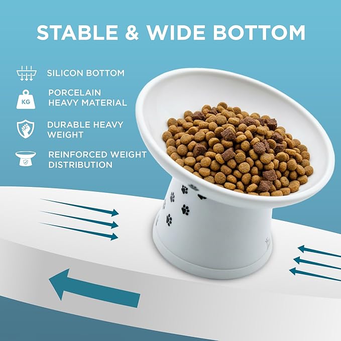 Necoichi Elevated Cat Food Bowl, Ceramic (Porcelain),15° Tilted, Whisker-Friendly, Dishwasher, Microwave Safe, Non-Slip, Anti-Vomiting, Neck Fatigue (Extra Wide Tilted, 1.5-Cup Capacity)