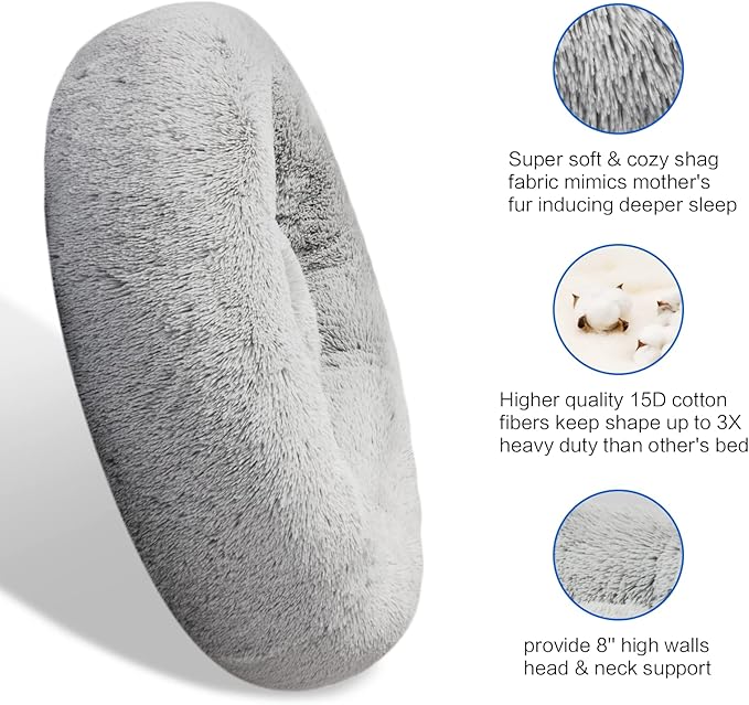 SAVFOX 30 inches Calming Donut Dog Bed - 3X Durable Plush Faux Fur, Machine Washable & Non-Slip, Fits up to 45 lbs, Light Grey