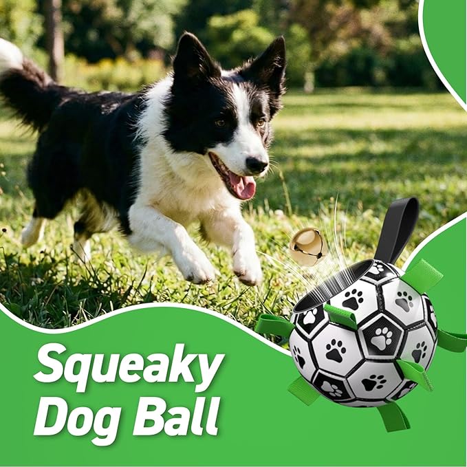 QDAN Dog Soccer Balls Toy with Bell Inside, Outdoor Interactive Dog Toys, Durable Ropes Squeaky Ball for Medium Large Dogs (8 Inch)