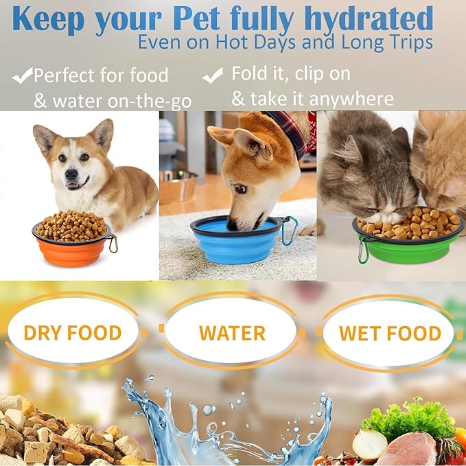 Collapsible Dog Bowls [2 Pack] 34 oz, Travel Dog Bowls, Pet Bowl Portable Foldable Water Food Feeding Dishes with Carabiner Clip for Traveling Hiking Walking-Black & Blue