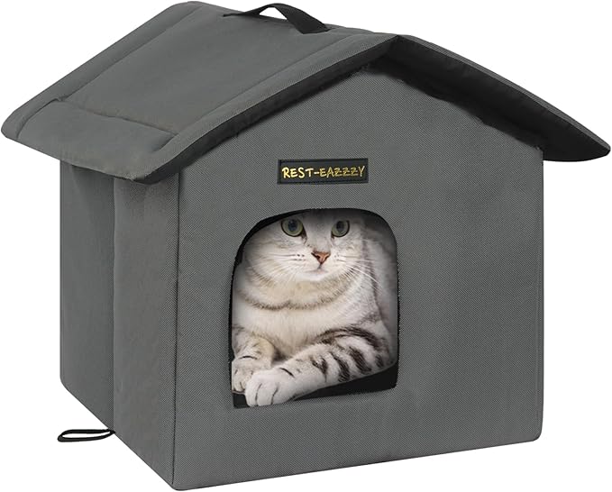 Rest-Eazzzy Cat House for Outdoor Cats, Weatherproof and Insulated Feral Cat House with Mat and Clip, Easy to Put Together, Selfwarming Cat Shelter for Summer(Grey, Waterproof House-S)