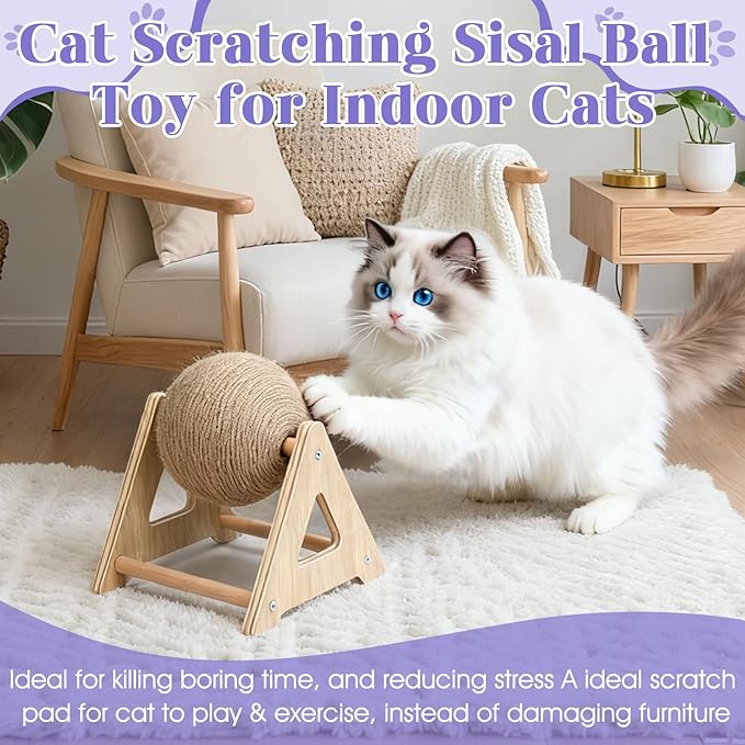Outamateur Cat Scratcher Sisal Ball Toy, Sisal Scratching Ball with Stable Stand, Interactive Cat Exercise Toy, Interactive Play Toys for Kittens, Cats, Small Pets