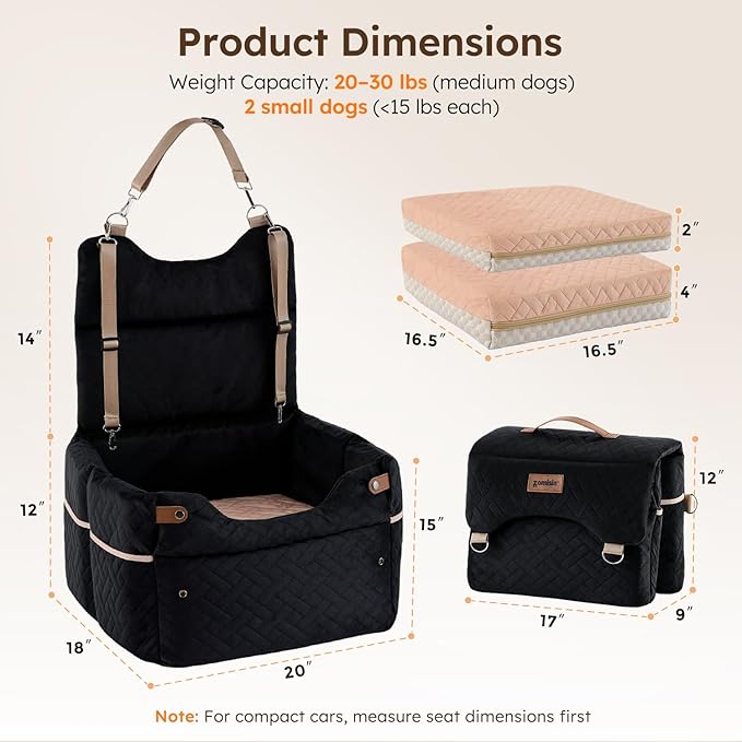ZOMISIA Elevated Dog Car Seat for Medium Dogs, 3 Adjustable Heights with 2 Egg Crate Foam Boosters 4"+2", Dual-Sided Cooling&Plush Waterproof Cover, 2 Safety Leashes & Buckles, Houndstooth