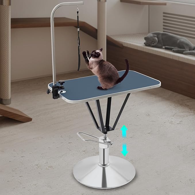 Hydraulic Pet Grooming Table with Adjustable Arms, 360 Degree Table Top Swivel Maximum Load 220 lbs Professional Pet Grooming Table, 34in Hydraulic (Blue,Rectangular)