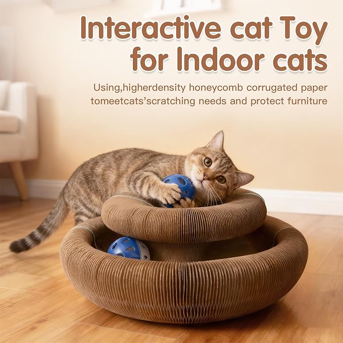 Extensible Cat Scratcher Cardboard Toy | Magic Accordion Scratching Pad with Bell Ball - Foldable & Reversible Interactive Kitty Play for Indoor Cats (1 Pack)