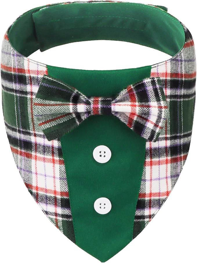 ADOGGYGO Christmas Green Dog Tuxedo Bandana, Plaid Pet Bowtie Collar, Adjustable Green Plaid Christmas Costume for Extra Large Dogs (XL)