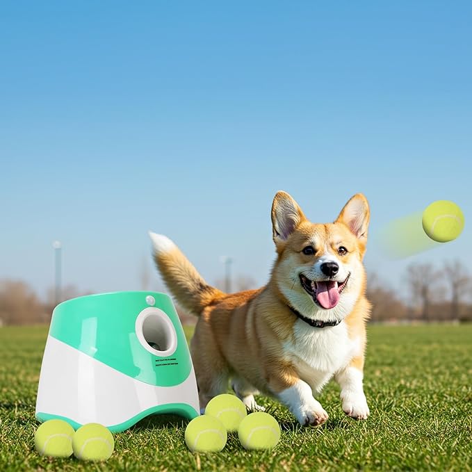Automatic Dog Ball Launcher, Dog Ball Thrower Interactive Fetch Machine with 6 Tennis Balls 3 Adjustable Launch Distance for Small Medium Dogs