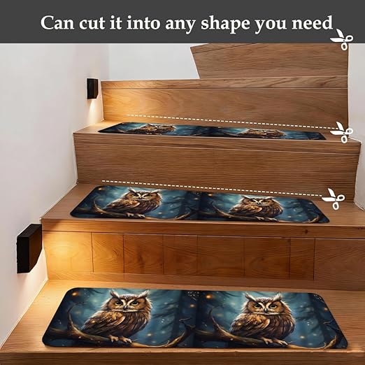 Animal Forest Owl Stair Treads for Wooden Steps Indoor Washable Staircase Carpet 10PCS 30"x7.8" Stair Step Treads Non-Slip Staircase Covers Peel and Stick Safety Mat for Kids Elders Pets
