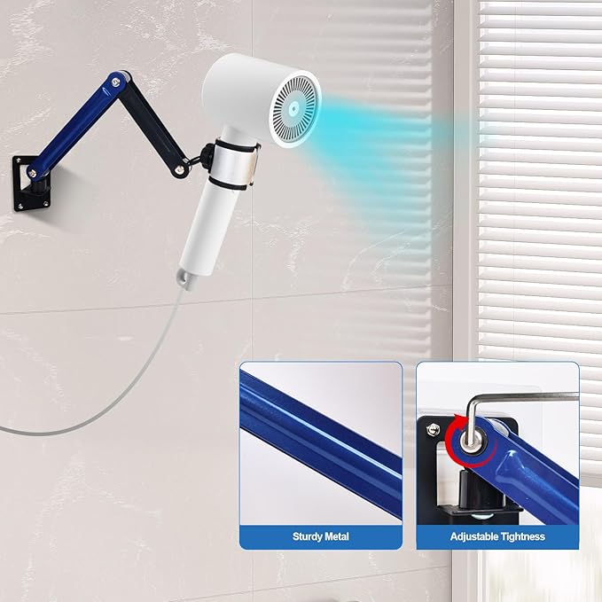 Hands Free Hair Dryer Holder Wall Mounted - Adjustable Angle Blow Dryer Holder Equipped with Universal Holder Allowing You to Dry Hair Hand Freely