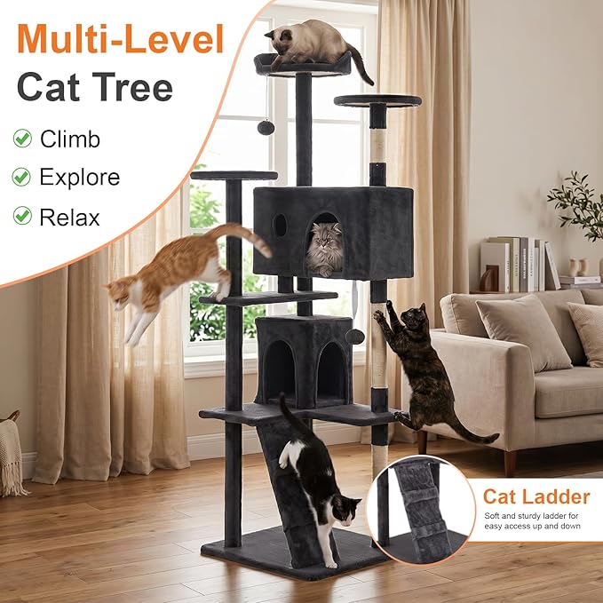 FDW | 70" Cat Tree Tower | Dark Gray | Multi-Level Indoor Activity Center with Sisal Scratching Posts, Condos, Plush Perches, Hanging Cat Toys | Sturdy, Easy to Assemble | for Kittens & Adult Cats