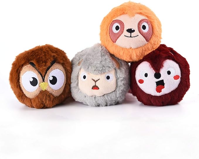 HugSmart Pet Zoo Ball (4-Pack) Plush and Squeaky Tennis Ball for Dog | No Stuffing Tough Interactive Fetch Dog Toys for Small Medium Large Dogs (Fox, Owl, Sloth, Sheep)
