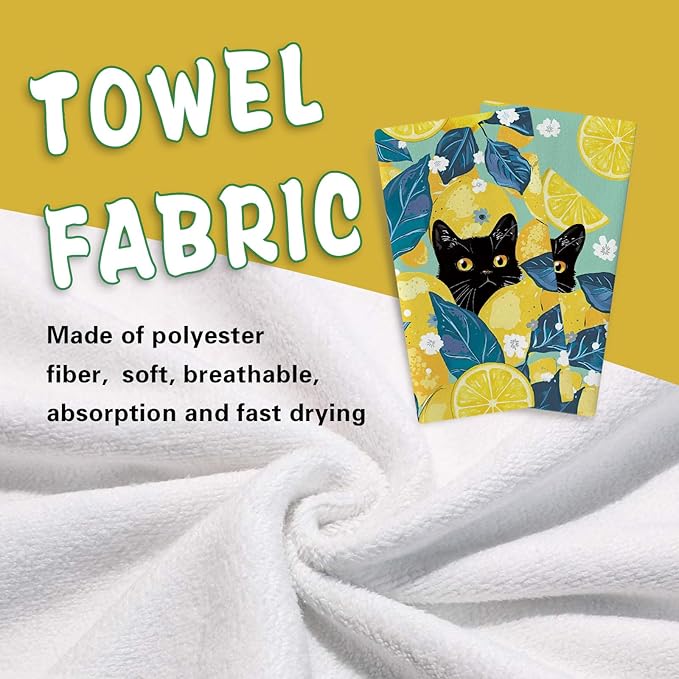 Black Cat Lemon Kitchen Dish Towels Set of 2, Spring Summer Citrus Fruit Drying Hand Towel Baking Cooking Cloth Pet Owner Lover Gifts, Floral Farmhouse Bathroom Home Decoration 18'' x 26''