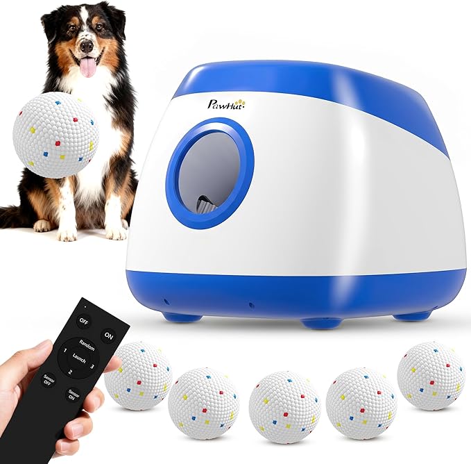 PawHut Automatic Dog Ball Launcher, Rechargeable Dog Ball Thrower with Remote Control, 3 Adjustable Distance (39ft/59ft/78ft), 6 ETPU Tennis Fetch Toys 2.5", for Medium Large Breeds, Blue