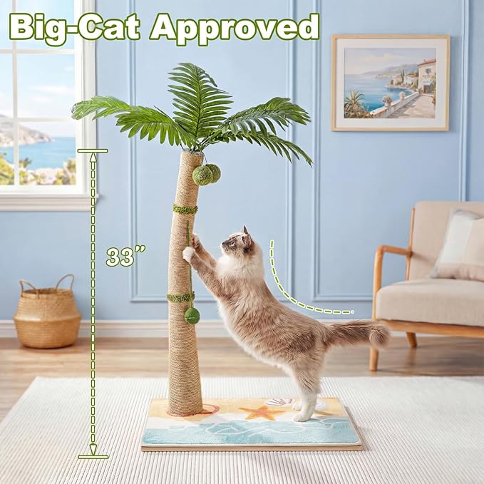Tall Cat Scratching Post for Indoor Cats Adults, 33'' Large Cat Scratch Post with Perch, Cute Cat Scratching Post with Boho Carpet ＆ Dangling Ball Toys, White