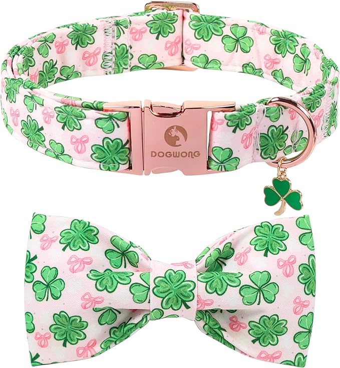 DOGWONG St. Patrick's Day Shamrock Dog Collar with Bow,Pink Green Four Leaf Clover Pattern Dog Collar, Adjustable Durable Soft Collars Irish Gift for Male Female Puppy,XS