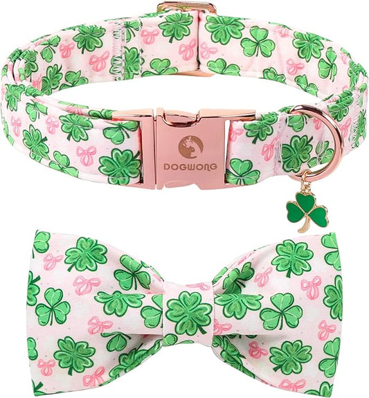 DOGWONG St. Patrick's Day Shamrock Dog Collar with Bow,Pink Green Four Leaf Clover Pattern Dog Collar, Adjustable Durable Soft Collars Irish Gift for Male Female Dogs,L