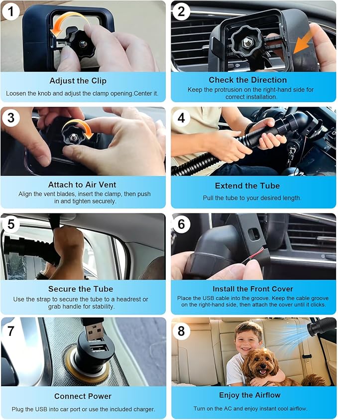 Car AC Vent Extender with Build-in Fan, Extendable Back Seat Air Conditioning, Directs Cool or Warm Air to kids, Elderly & Pets, Portable AC Hose, Universal for Vehicles