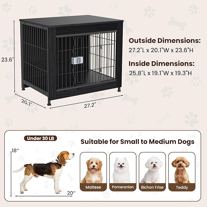 Wooden Dog Crate Furniture, 27in Dog Cage Furniture with Slide Safety Latch, Indoor Decorative End Table for High Anxiety Dogs, Furniture Style Dog Crate for Small to Medium Dogs, Black