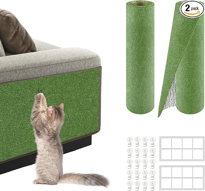 2Pack Total 78.7"x15.8" Cat Scratch Mat for Cat Couch Furniture and Wall Protector | Trimmable Self-Adhesive Carpet Climb Cat Scratcher for Covering Cat Tower and Replacement Pads (Green)