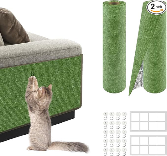 2Pack Total 78.7"x15.8" Cat Scratch Mat for Cat Couch Furniture and Wall Protector | Trimmable Self-Adhesive Carpet Climb Cat Scratcher for Covering Cat Tower and Replacement Pads (Green)