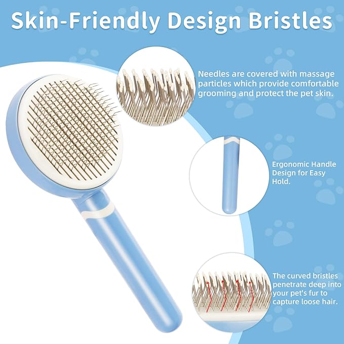 One-Click Self Cleaning Slicker Brush for Dogs & Cats, Gentle Round Pins Deshedding Tool for Long & Short Hair