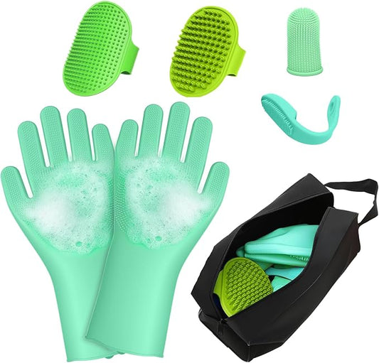 7PCS Dog Washing Gloves | Dog Bath Brush | Storage Bag | Dog Finger Toothbrush for Short & Long Haired Dogs & Cats | Efficient Deshedding Bathing & Massaging, Suitable for Pets (Sage Green)