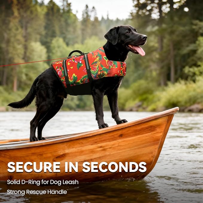 VIVAGLORY Rip Stop Dog Life Vest, Swimming Vest with Handle, Buoyancy for Doggy Puppy, Dog Life Jacket for Swimming & Boating, XL, Northeast Florals-Red