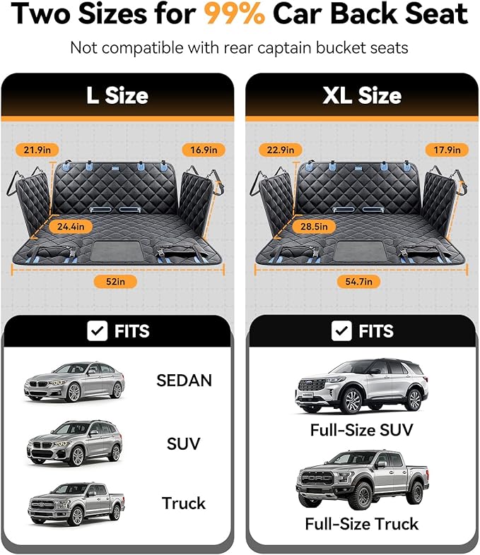 Rorhxia Dog Seat Cover for Backseat, [Ultimate Safe, Comfortable and Large Space] Waterproof 600D Heavy Duty Dog Car Hammock, Release Passenger Seats, Fits Sedan/SUV/Truck, Large Dog Friendly, L