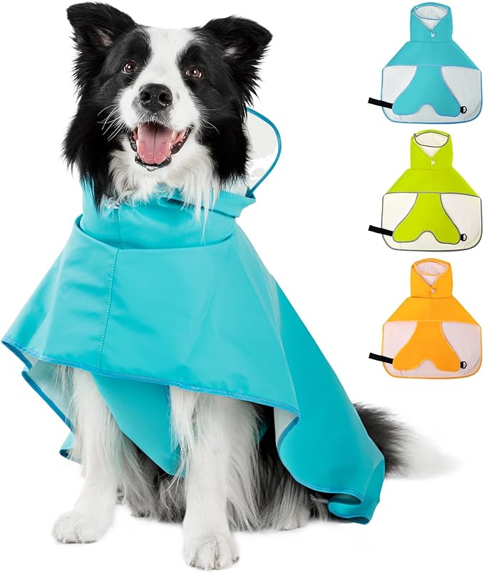 Dog Raincoat, Waterproof Windproof Dog Rain Jacket with Hood, Rain Coat with Leash Hole, Adjustable Raincoat Poncho for Small Medium Large Dogs Outdoor (Blue, XS+)