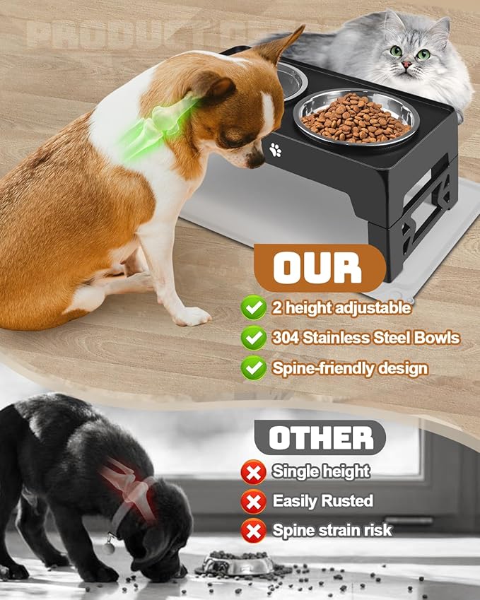Jovrun Elevated Dog Bowls for Small Dogs and Cats with Mat, Non-Slip Cat Bowls with 1*Stainless Steel Dishes & 1*Slow Feeder Bowl, Dog Feeder 2 Heights Adjustable to 2.6"-5.3"